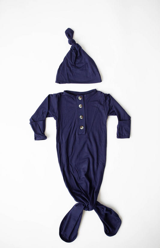 Knotted Baby Gown & Hat Set - Navy