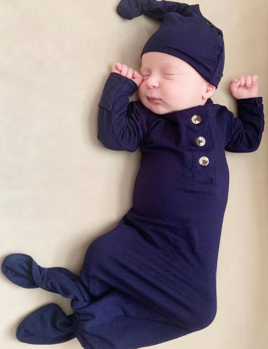 Knotted Baby Gown & Hat Set - Navy