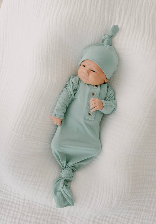 Knotted Baby Gown and Hat Set- Mint