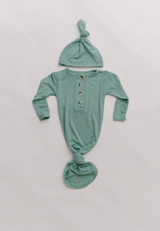 Knotted Baby Gown and Hat Set- Mint